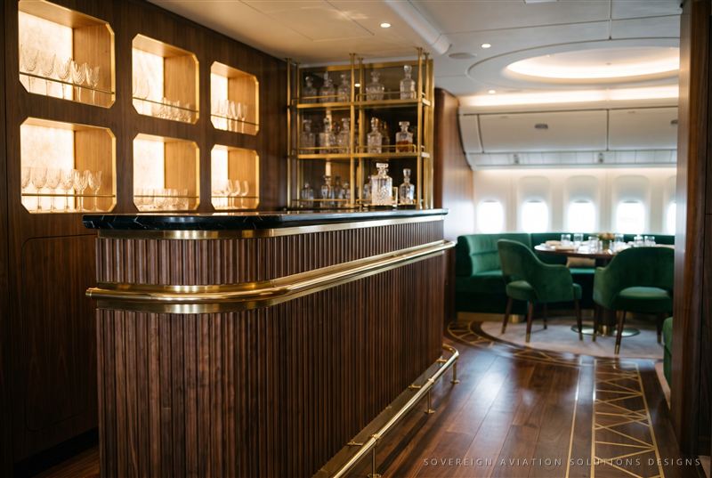 Art deco bar and dining aboard a widebody VVIP aircraft