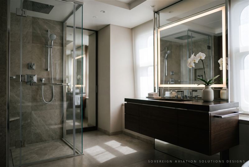 Marble master bathroom aboard a VVIP aircraft