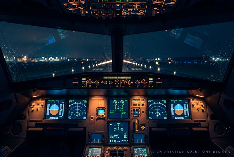 Widebody flight deck at night