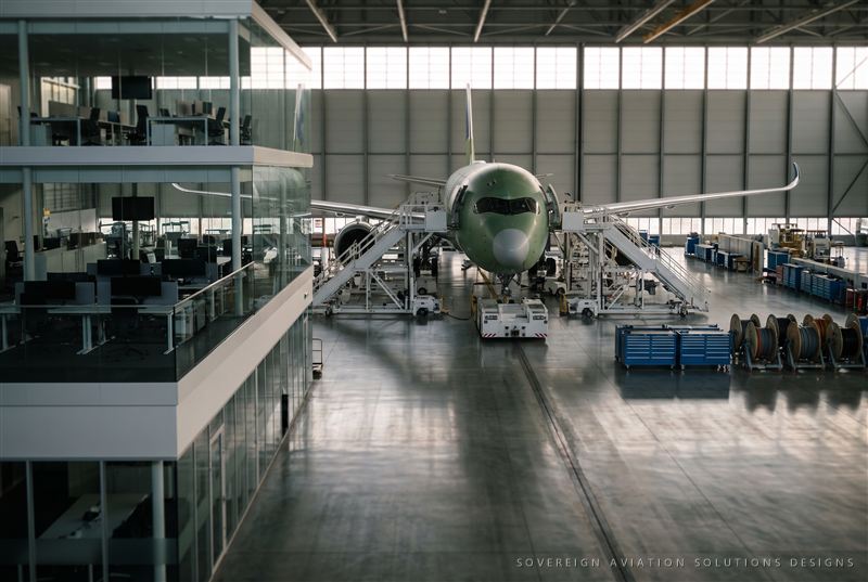 Widebody aircraft in a completion center