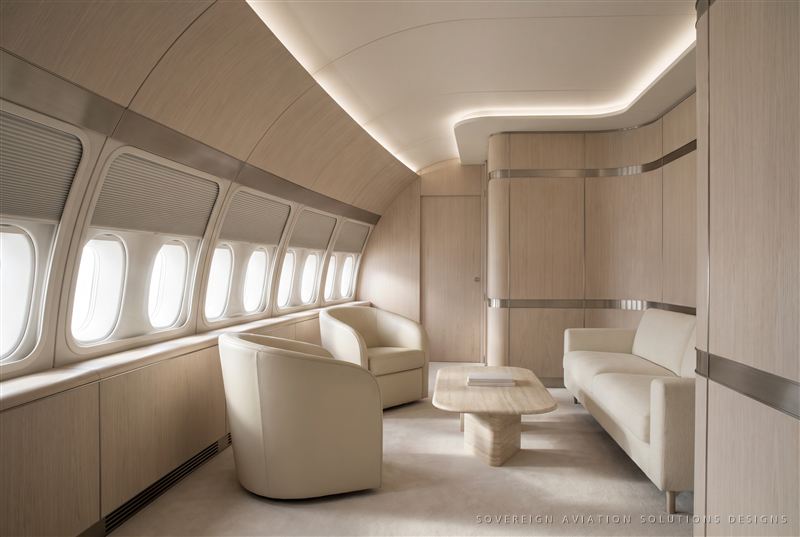 Contemporary minimalist lounge aboard a widebody aircraft